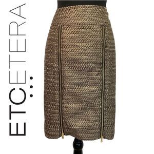 ETCETERA GOLD BRONZE METALLIC PENCIL SKIRT WOOL BLEND EXPOSED ZIPPERS SIZE 4